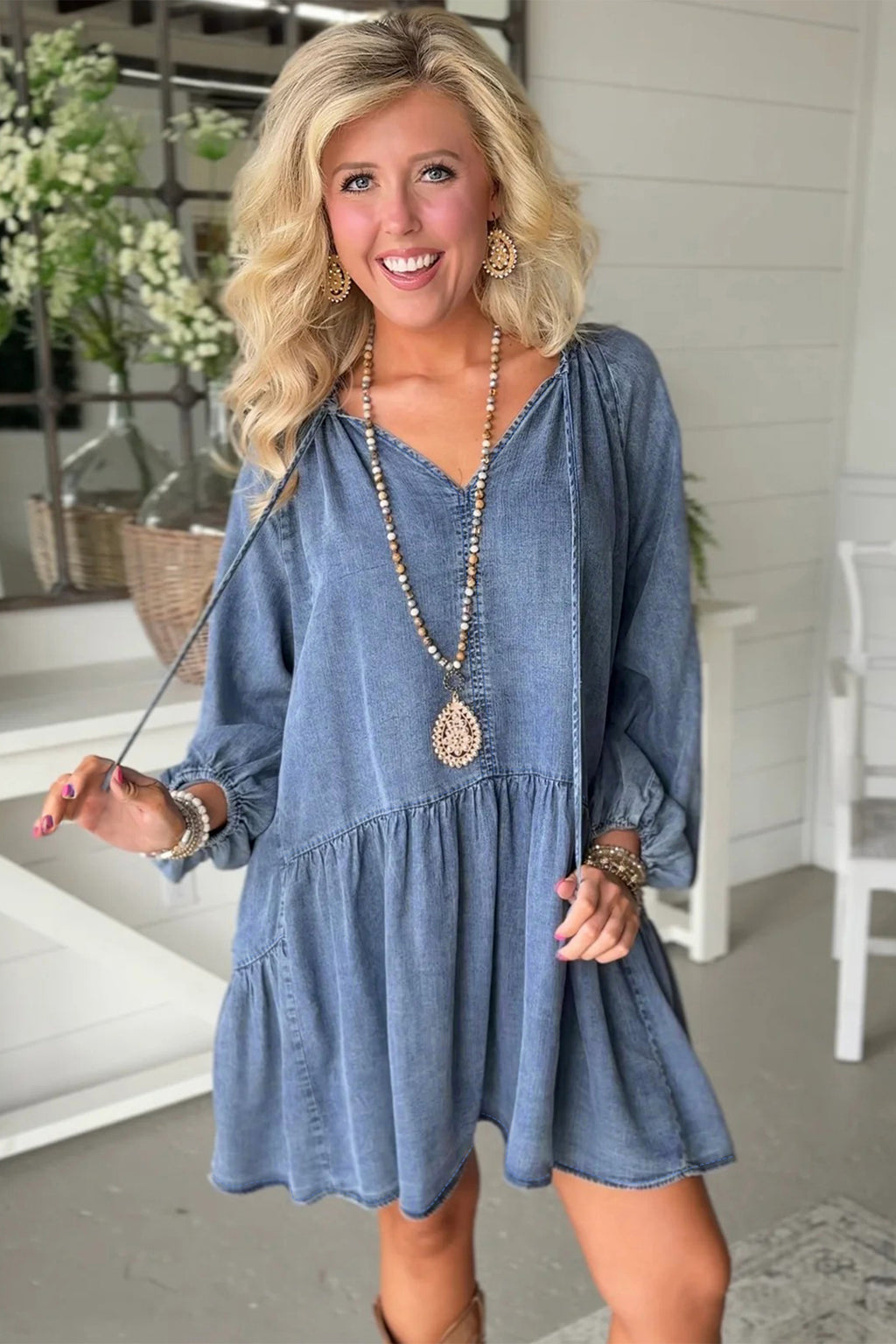 Myosotis Puff Sleeve V Neck Ruffled Loose Denim Mini Dress