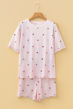 Light Pink Valentine Heart Shape Print Ribbed Knit Short Lounge Set