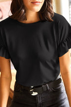 White Solid Color Ribbed Ruffled Short Sleeve T Shirt