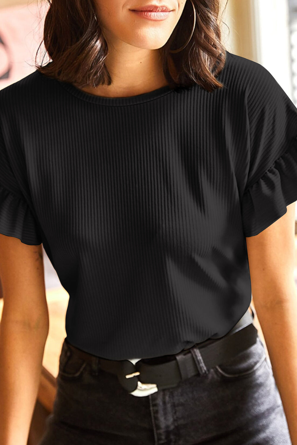 White Solid Color Ribbed Ruffled Short Sleeve T Shirt