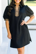 Black Leopard Patchwork Zip Collared Short Puff Sleeve Shift Mini Dress
