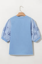 Beau Blue Eyelet Flower Embroidered Puff Short Sleeve Patchwork Crew Neck Blouse