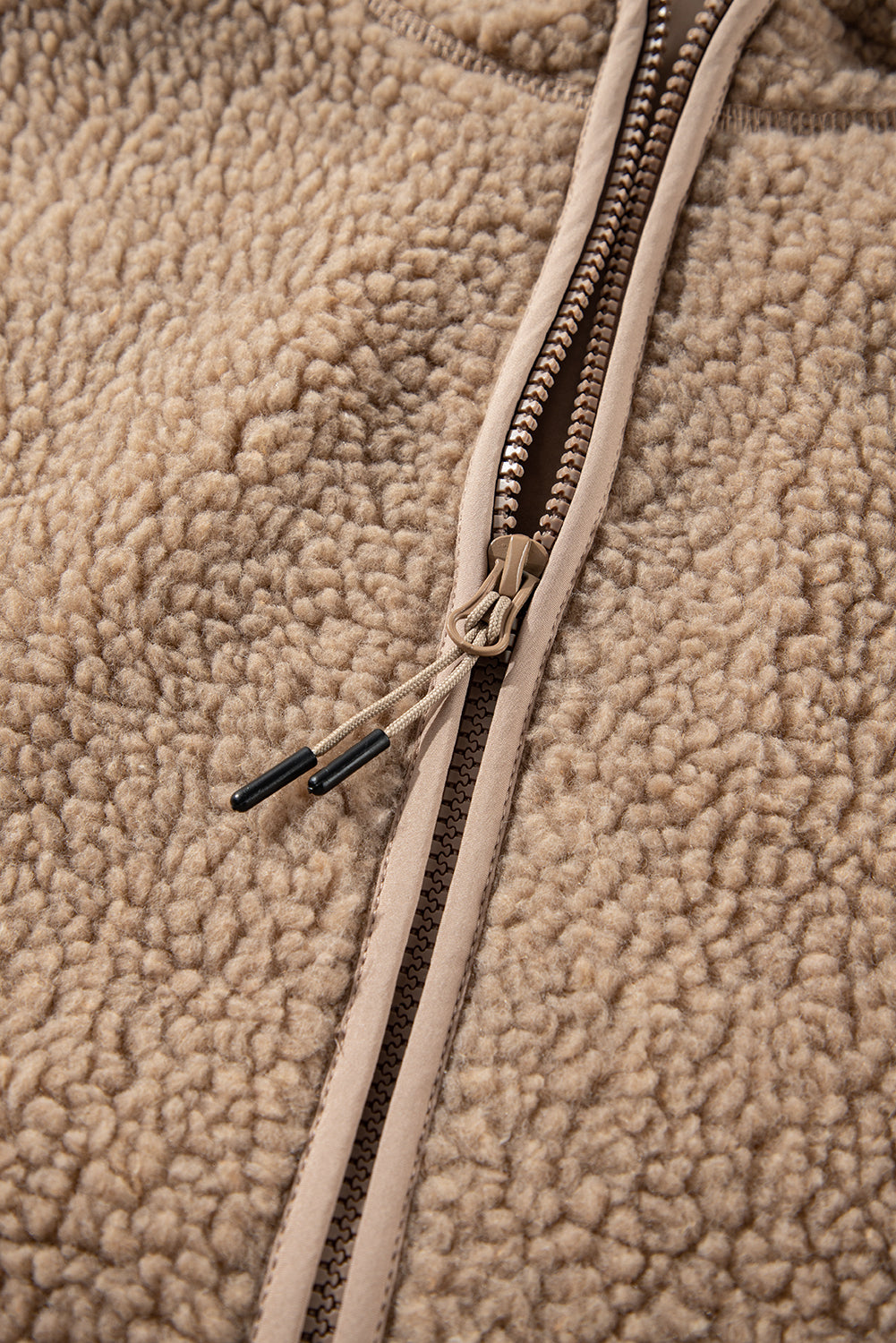 Beige Fleece Zip Up Drawstring Hooded Pocketed Jacket