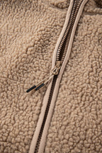 Beige Fleece Zip Up Drawstring Hooded Pocketed Jacket