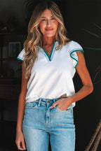 Beau Blue Color Contrast Ruffled Sleeve Collared V Neck Blouse
