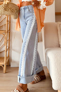 Coffee Lace Trim Casual Full-Length Regular Fit Jeans