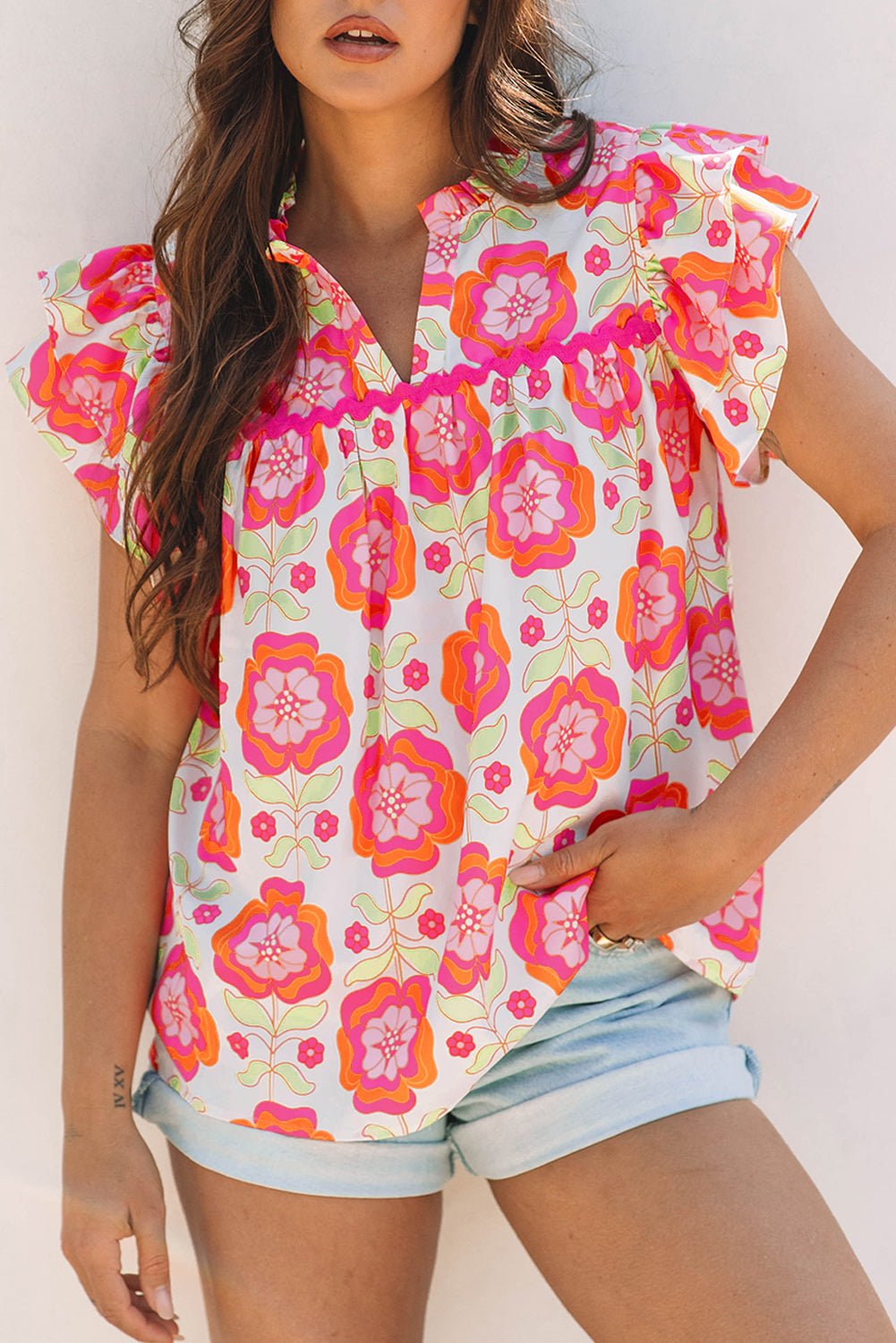 Rose Floral Ruffled Sleeve Ric-rac Trim Split Neck Loose Blouse