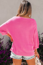 Sachet Pink Big Ribbon Bow Print Contrast Stitch Trim Drop Shoulder Sweater