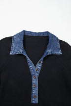 Black Waffle Knit Denim Contrast Trim Patchwork Button Polo Collar Top