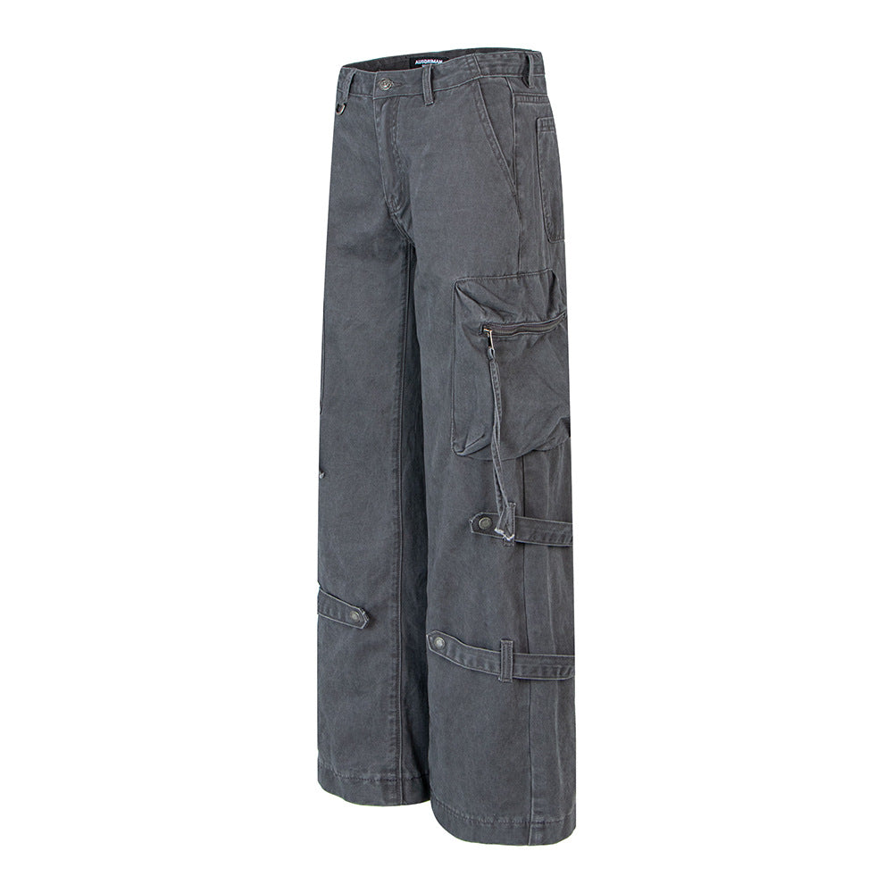 Style High-End Belted Large Pocket Cargo Pants for Men, Retro Streetwear Loose Straight Leg Casual Long Pants