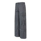 Style High-End Belted Large Pocket Cargo Pants for Men, Retro Streetwear Loose Straight Leg Casual Long Pants