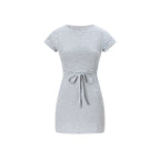 Round neck short sleeved waist tied striped dress for women