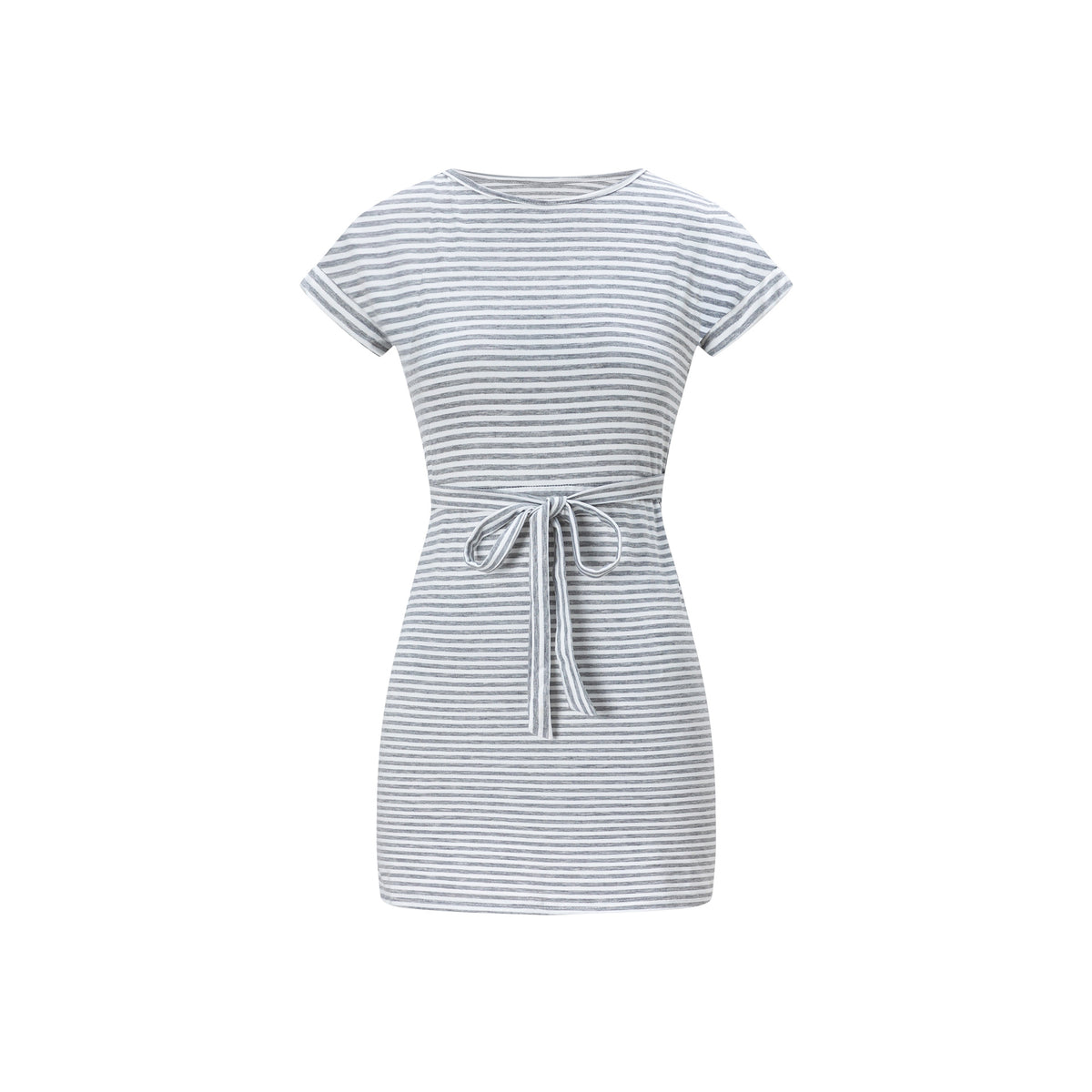 Round neck short sleeved waist tied striped dress for women