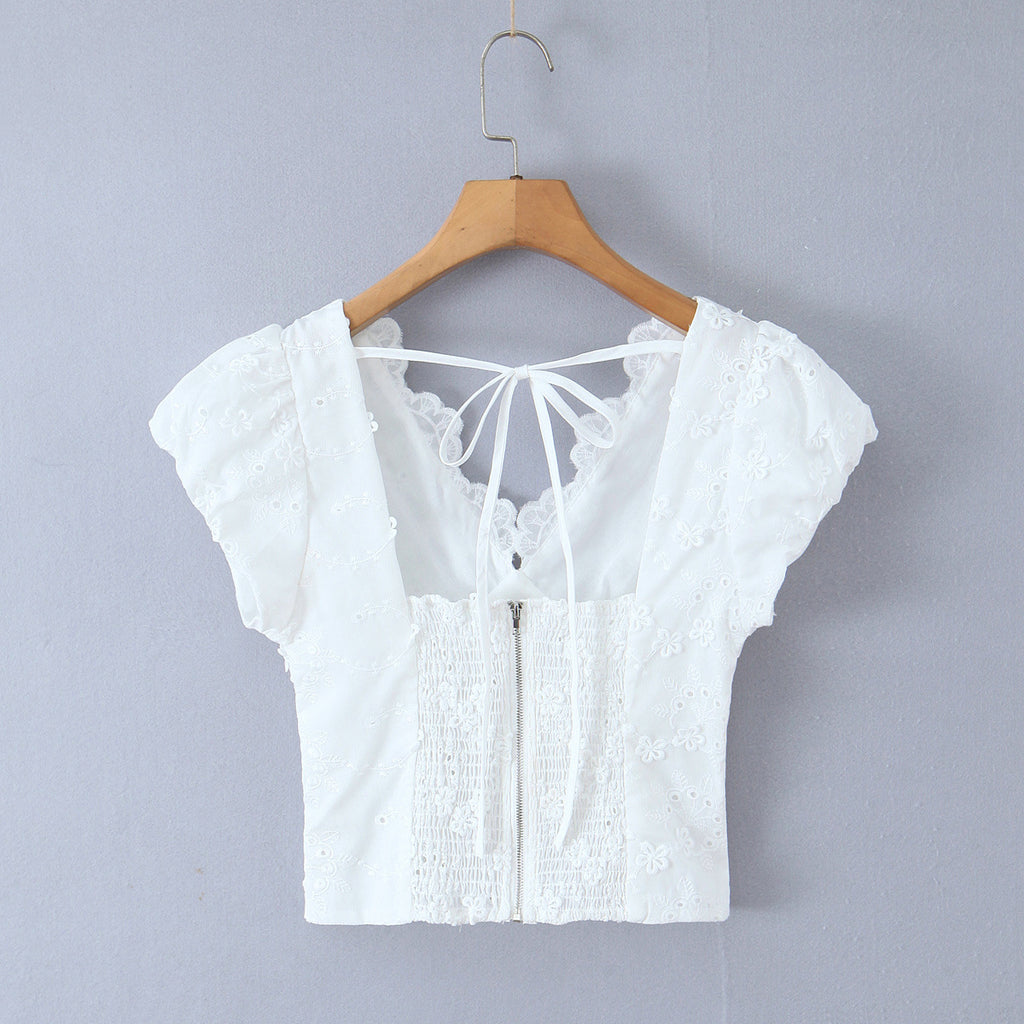 Simple Solid Color Embroidered Back Zipper Puff Sleeve V-Neck Top for Women