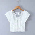 Simple Solid Color Embroidered Back Zipper Puff Sleeve V-Neck Top for Women