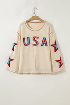 Beige USA Star Contrast Patchwork Exposed Seam Long Sleeve Top