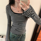 striped knit top, square neck, slim fit, short length, inner layer sweater
