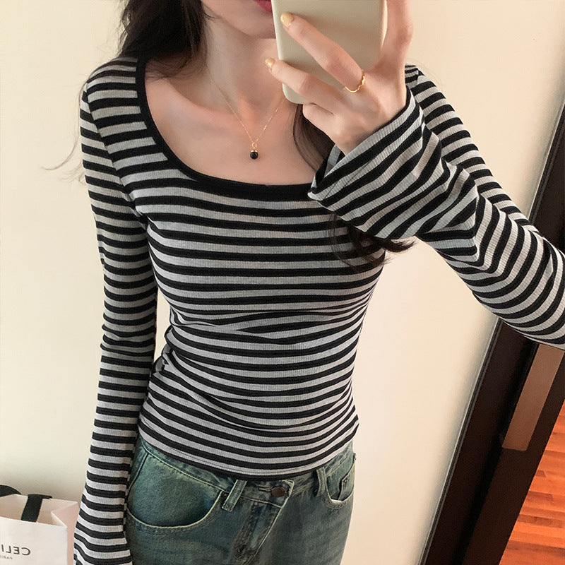 striped knit top, square neck, slim fit, short length, inner layer sweater
