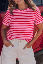 Red Stripe Scalloped Trim Round Neck T Shirt