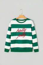 Red Stripe holly jolly Letter Embroidered Pullover Sweatshirt