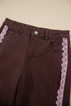 Coffee Lace Trim Casual Full-Length Regular Fit Jeans