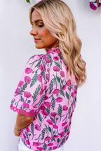 Pink Floral Lace Detail Frilled V Neck Summer Blouse