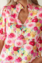 Pink Floral Frilled V Neck Puff Short Sleeve Blouse