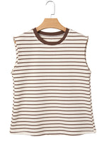 Brown Stripe Ribbed Round Neck Trim Loose Tank Top