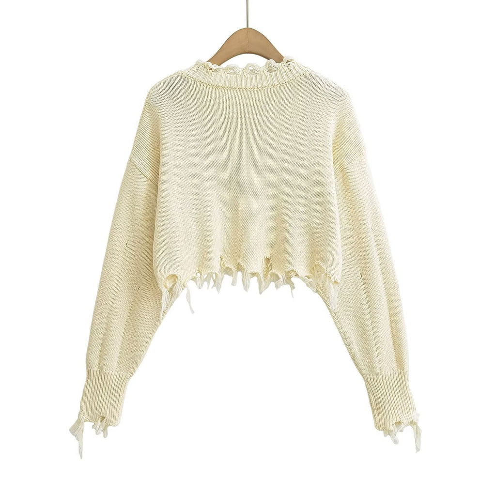Broken hole tassel short crop top sweater with exposed navel