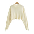 Broken hole tassel short crop top sweater with exposed navel