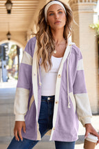 Light French Beige Waffle Contrast Knit Color Block Patchwork Button Front Oversize Hoodie