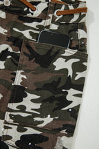 Green Camouflage Print Splashed Distressed Loose Denim Pants