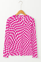 Black Checkered Pattern Mesh Mock Neck Long Sleeve Top