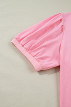 Bonbon V Neck Pleated Short Puff Sleeve Plus Size Blouse