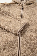 Beige Fleece Zip Up Drawstring Hooded Pocketed Jacket