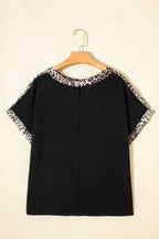 Black Plus Size Leopard Patchwork Round Neck Loose Tee
