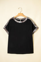Black Plus Size Leopard Patchwork Round Neck Loose Tee