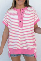 Pink Stripe Half Placket High Low Short Sleeve Top