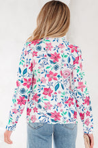 Pink Floral Print Lace Detail Button-up Long Sleeve Shirt