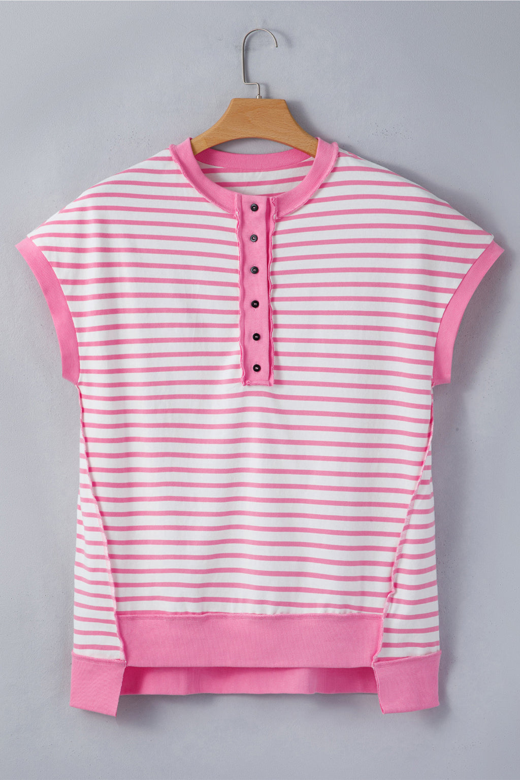 Pink Stripe Half Placket High Low Short Sleeve Top