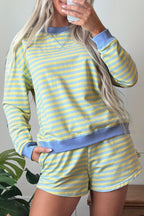 Yellow Stripe Color Block Detail Long Sleeve Pullover Elastic Waist Pull On Shorts 2pcs Set