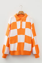 Light French Beige Checkered Pattern Polo Collar Loose Sweater