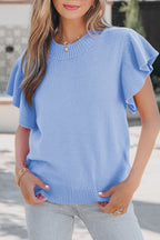Sachet Pink Solid Color Ribbed Trim Round Neck Ruffle Short Sleeve Sweater