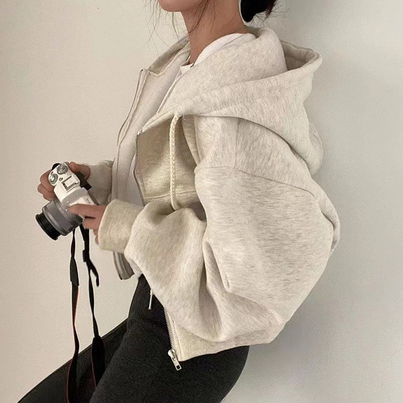 Zipper Warm Color Hoodie for Women Insulated Fashionable Short Length Slim Fit