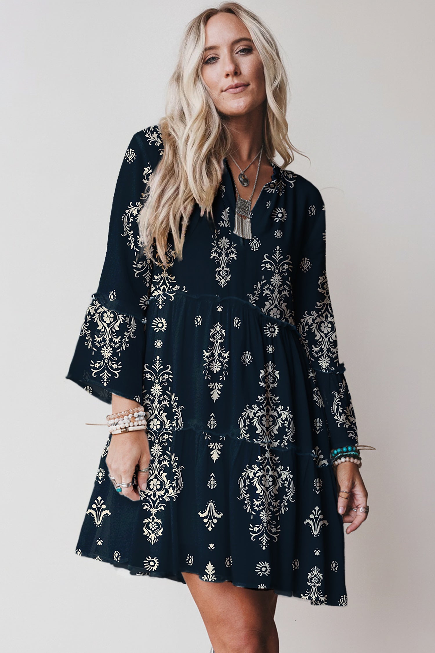 Sky Blue Boho Floral Print Lettuce Trim 3/4 Sleeve Mini Dress