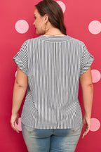 Black Stripe Plus Size V Neck Roll-tab Short Dolman Sleeve Blouse