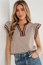 Khaki Stripe Double Ruffled Short Sleeve V Neck Blouse