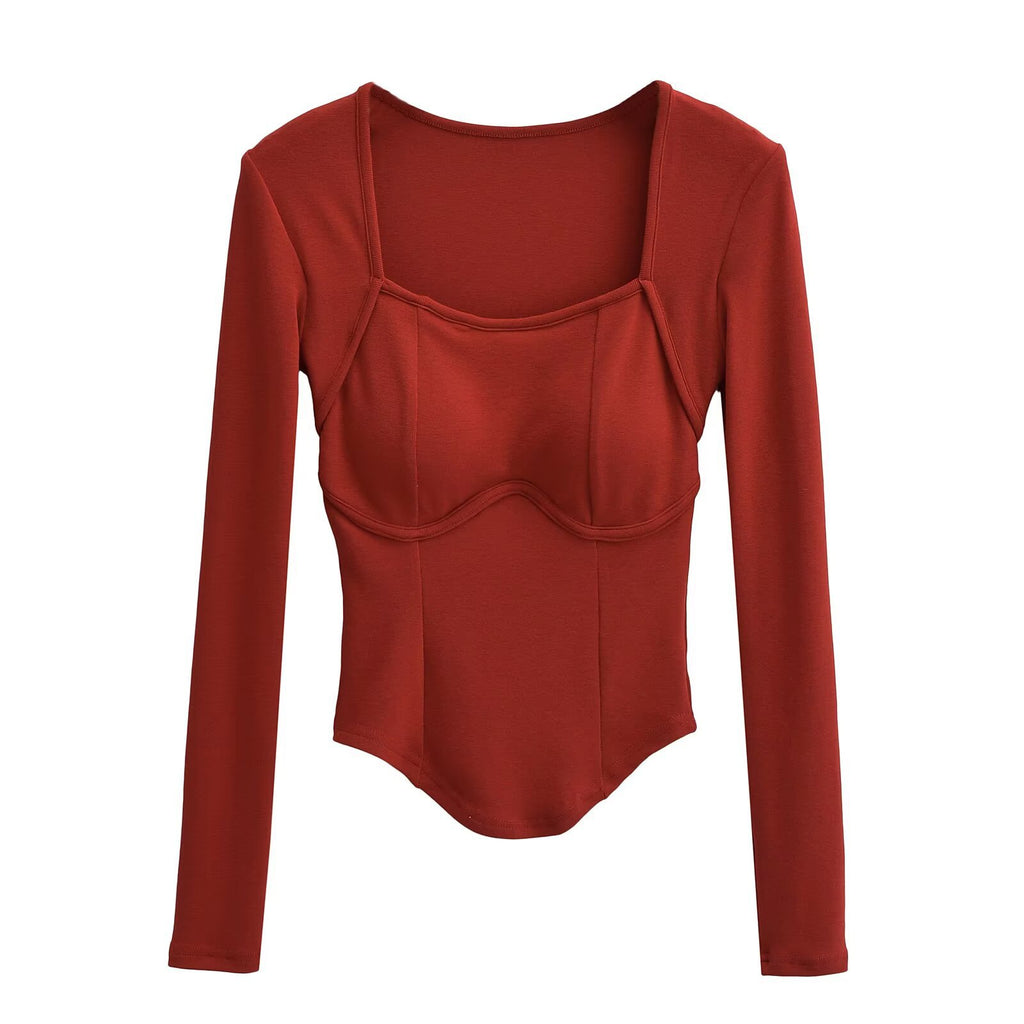 Square collar long sleeved pullover T-shirt