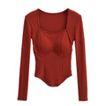 Square collar long sleeved pullover T-shirt
