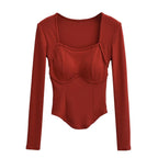 Square collar long sleeved pullover T-shirt